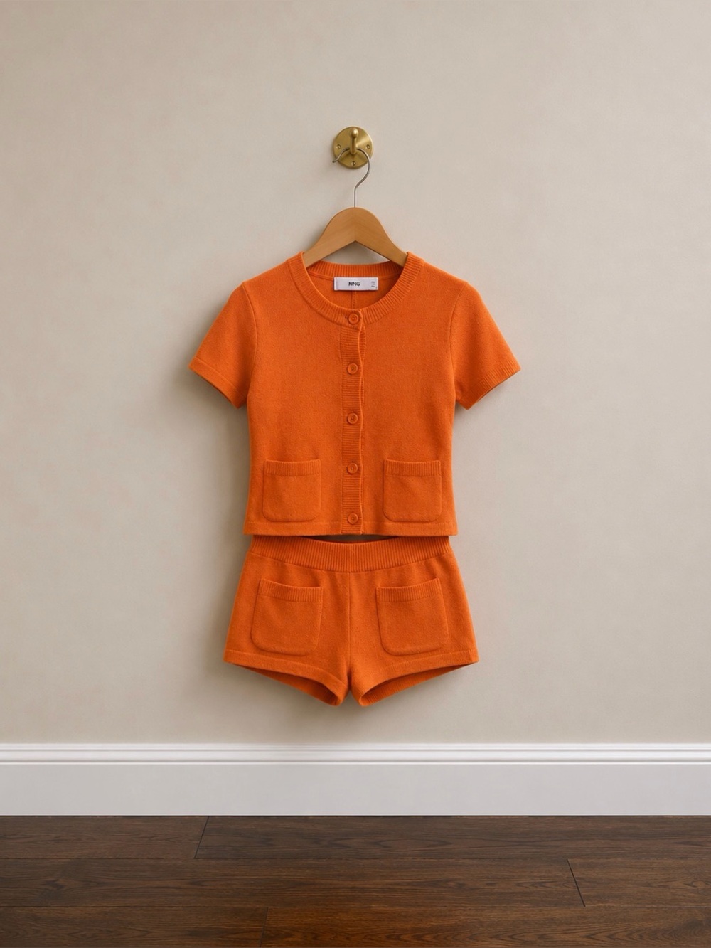 Mango MNG Orange Knit Matching Set Crop Top & Micro Shorts Size S